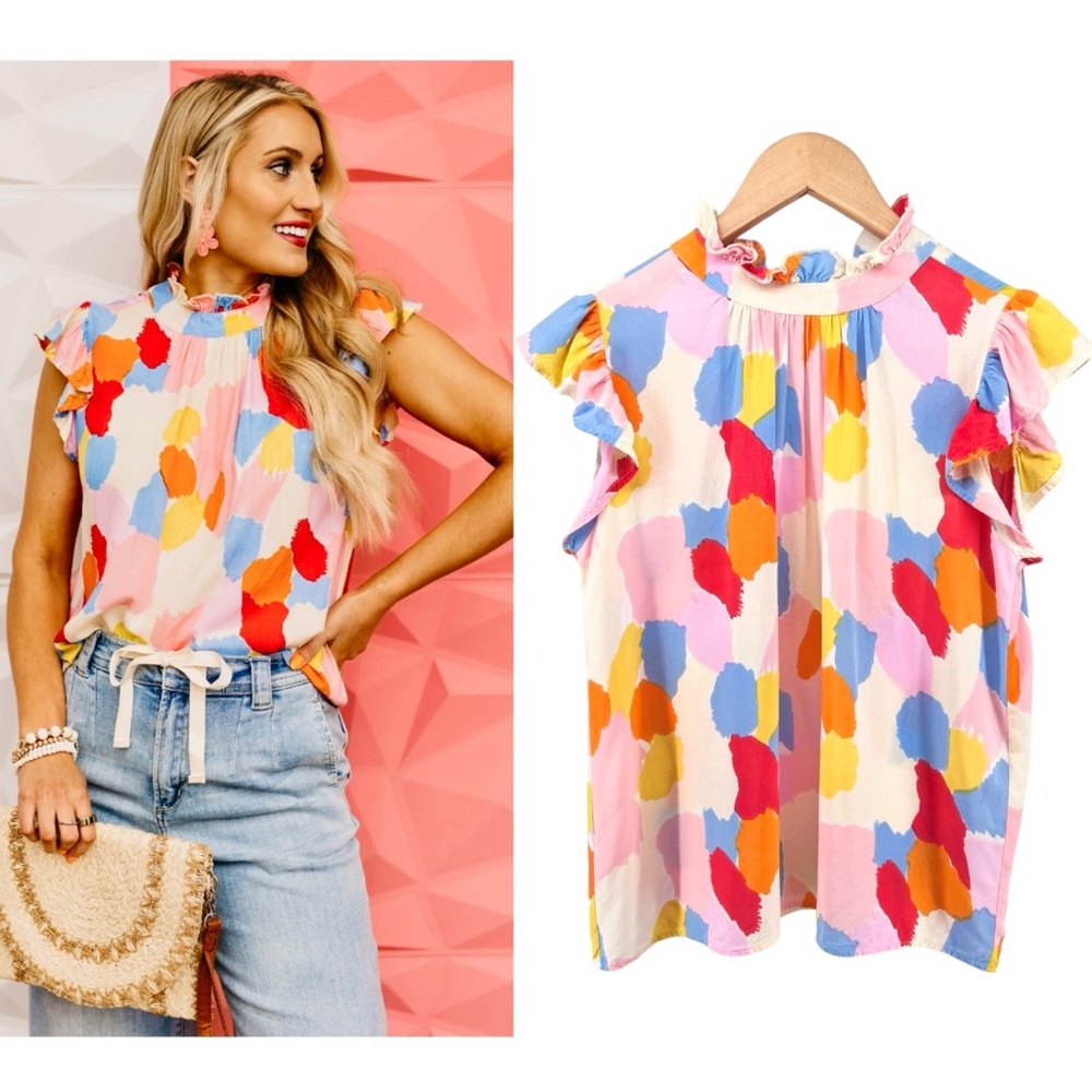 THML Flutter Sleeve Blouse XS Abstract Print Colorful Ruffle Mock Neck Keyhole